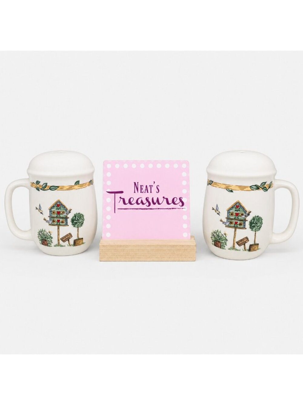 Thomson Pottery BIRDHOUSE Heart Vine Border Stoneware Salt & Pepper Shakers Set